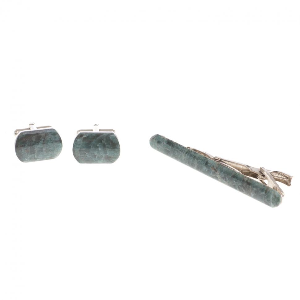 Набор запонки закругленные и зажим для галстука камень зеленый апатит фото 1 — 