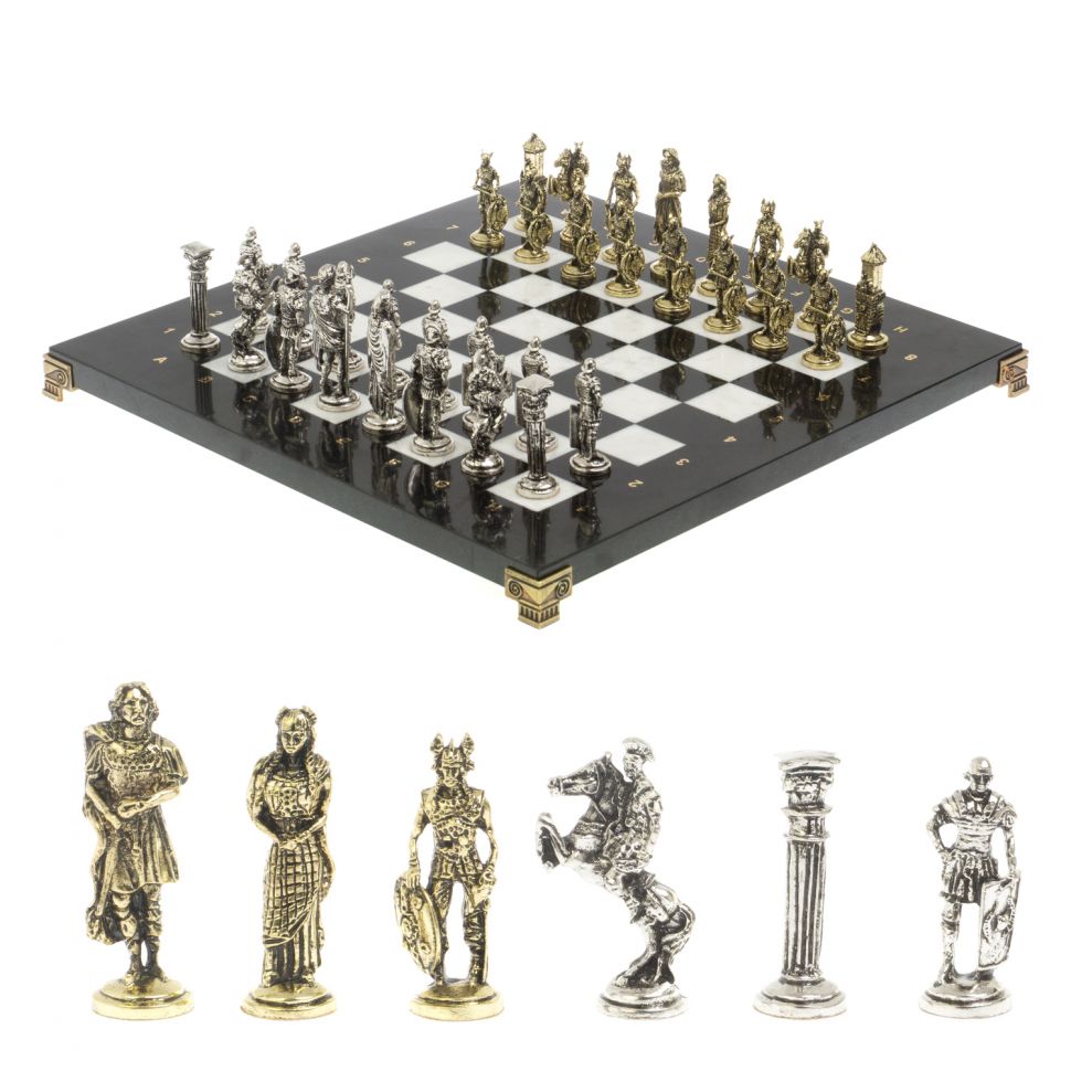 Шахматы "Галлы и Римляне" доска 36х36 см черно-белая мрамор змеевик фото 1 — 