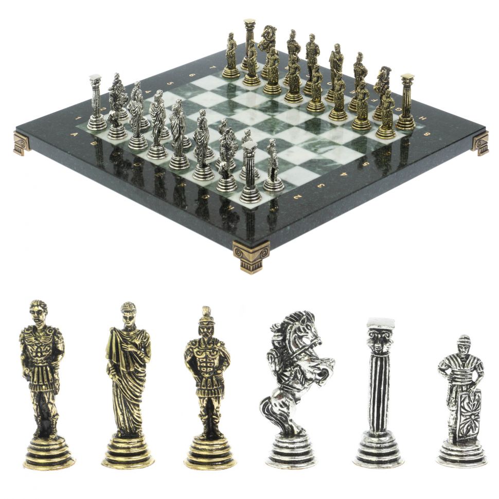 Шахматы "Римские легионеры" доска 32х32 мрамор шабровский змеевик фото 1 — 