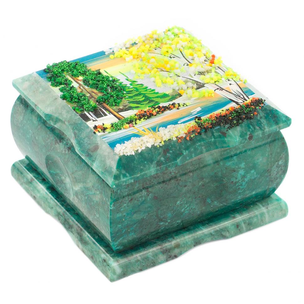 Шкатулка из змеевика рисунок "Весенний пейзаж" 10х10х6,5 см фото 1 — 
