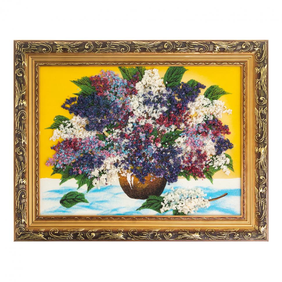 Картина из каменной крошки "Букет сирени" багет 34х44 см желтый фон фото 1 — 