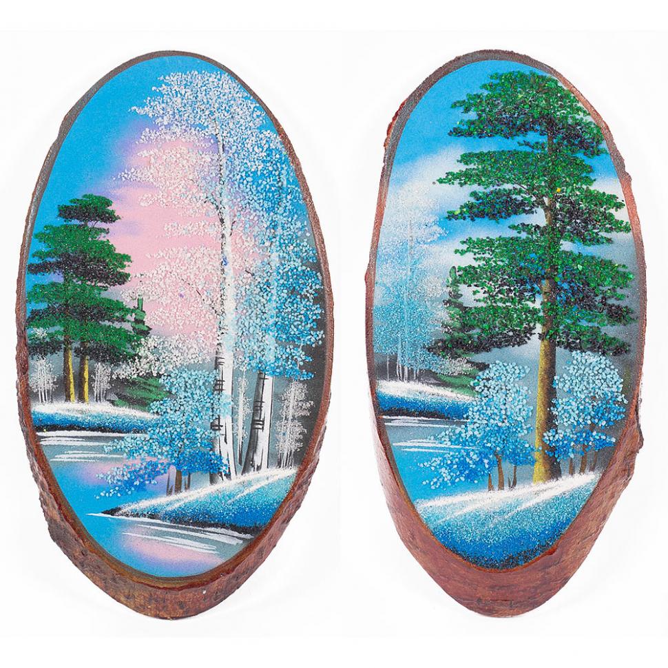 Панно на срезе дерева "Зима" вертикальное 30-35 см каменная крошка фото 1 — 