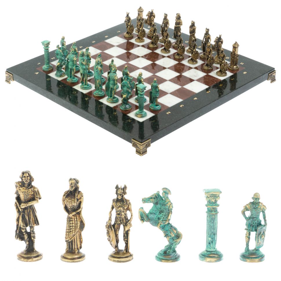 Шахматы "Римляне против Галлов" фигуры бронза / патина 36х36 см мрамор лемезит фото 1 — 