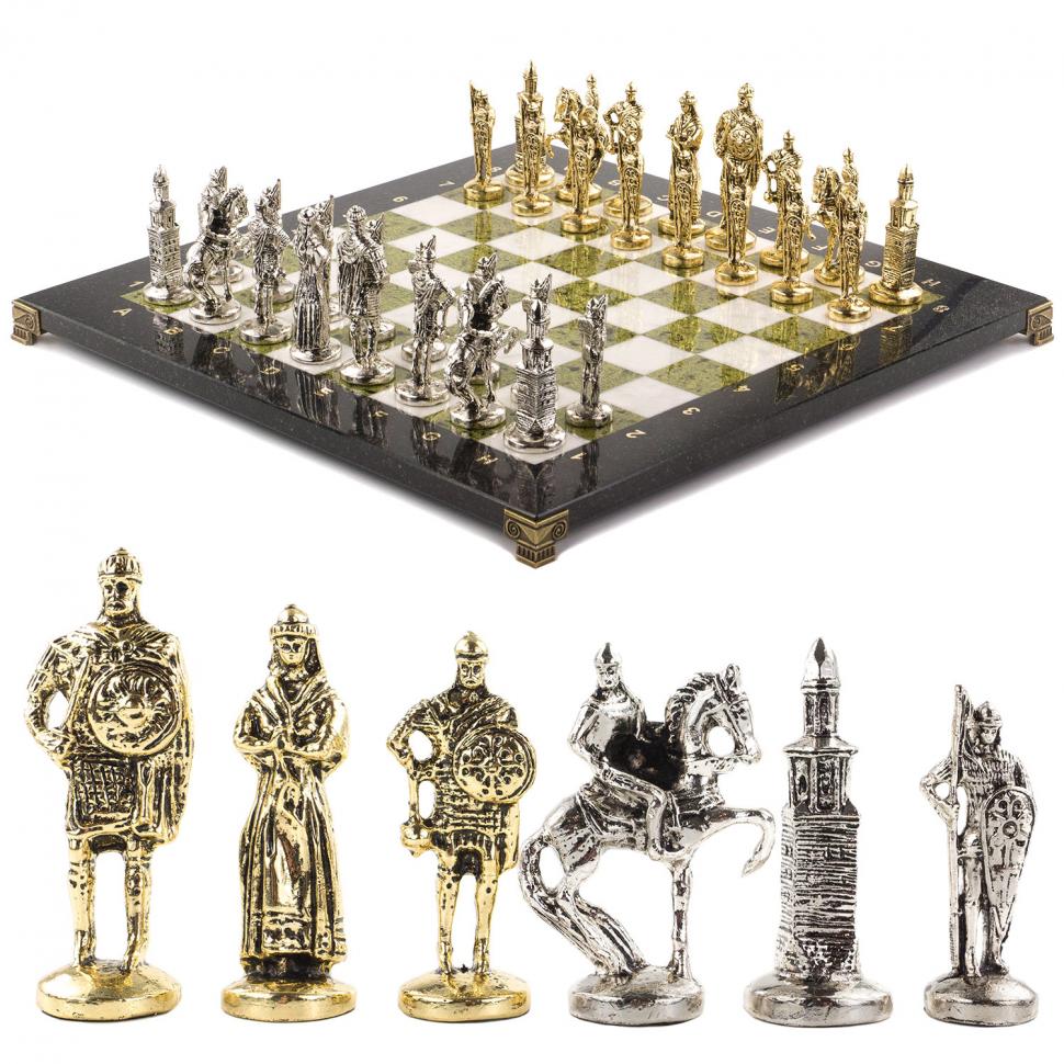 Шахматы из камня с металлическими фигурами "Русь" доска 40х40 см мрамор и змеевик фото 1 — 