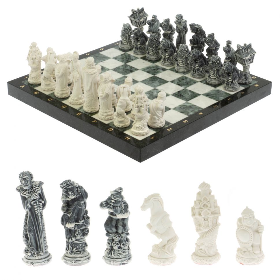 Шахматы "Русские сказки" доска 40х40 см мрамор / шабровский змеевик фото 1 — 