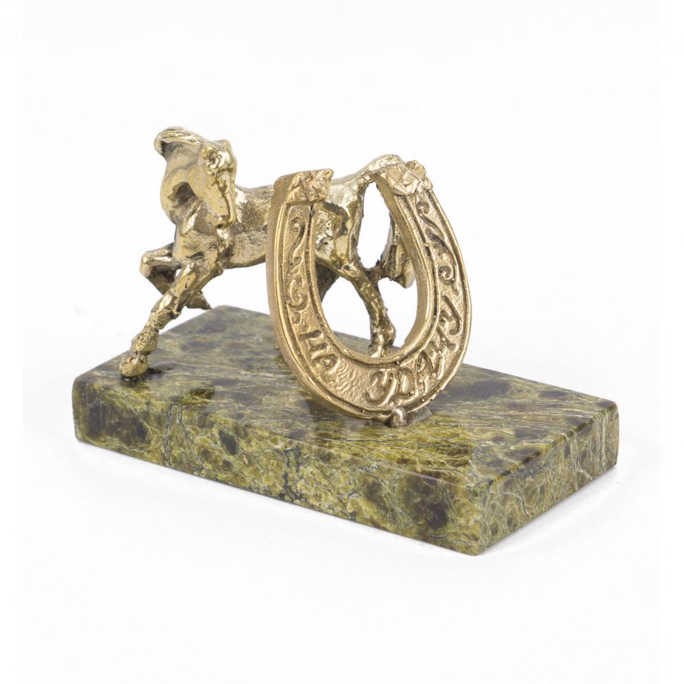 Статуэтка "Лошадка с подковой на удачу" бронза змеевик фото 1 — 
