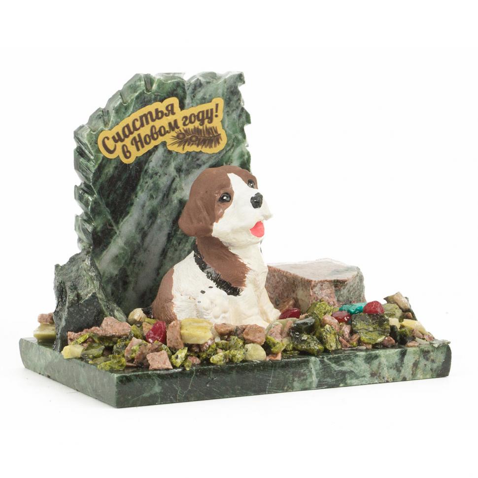 Сувенир "Щенок сидит" бело-коричневый змеевик самоцветы 125х95х110 мм фото 1 — 