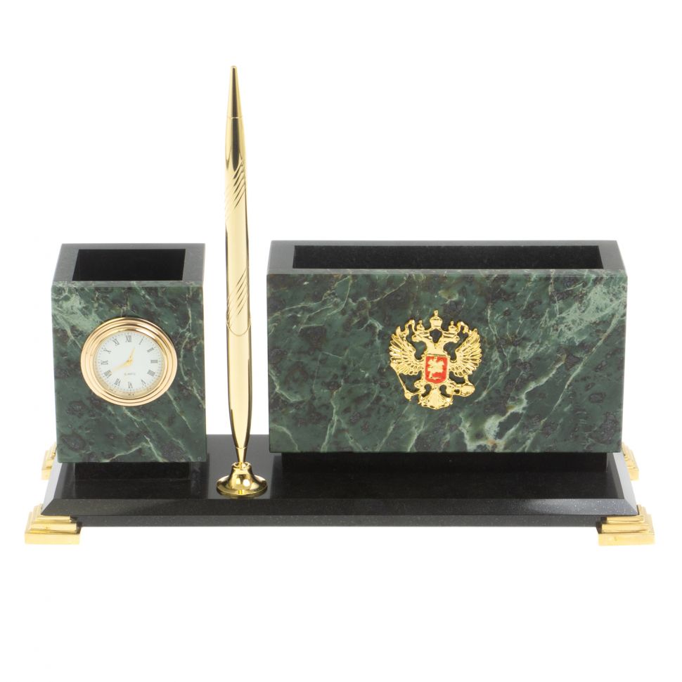 Письменный мини-набор "Герб России" из нефрита и долерита фото 1 — 