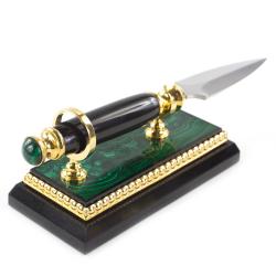 Канцелярский нож для бумаг на подставке из малахита в подарочной коробке — 