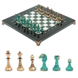 Шахматы &quot;Стаунтон&quot; фигуры бронза / патина 28х28 см из змеевика и мрамора — 