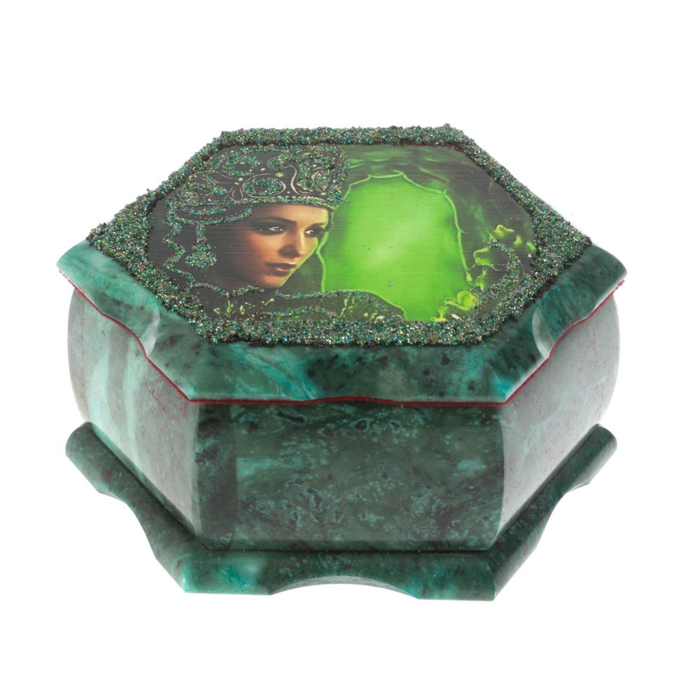 Каменная шкатулка "Хозяйка медной горы" змеевик 14х12,5х7 см фото 1 — 