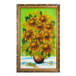 Картина с рисунком из камня &quot;Подсолнухи в вазе&quot; багет 59х89 см зеленый фон — 