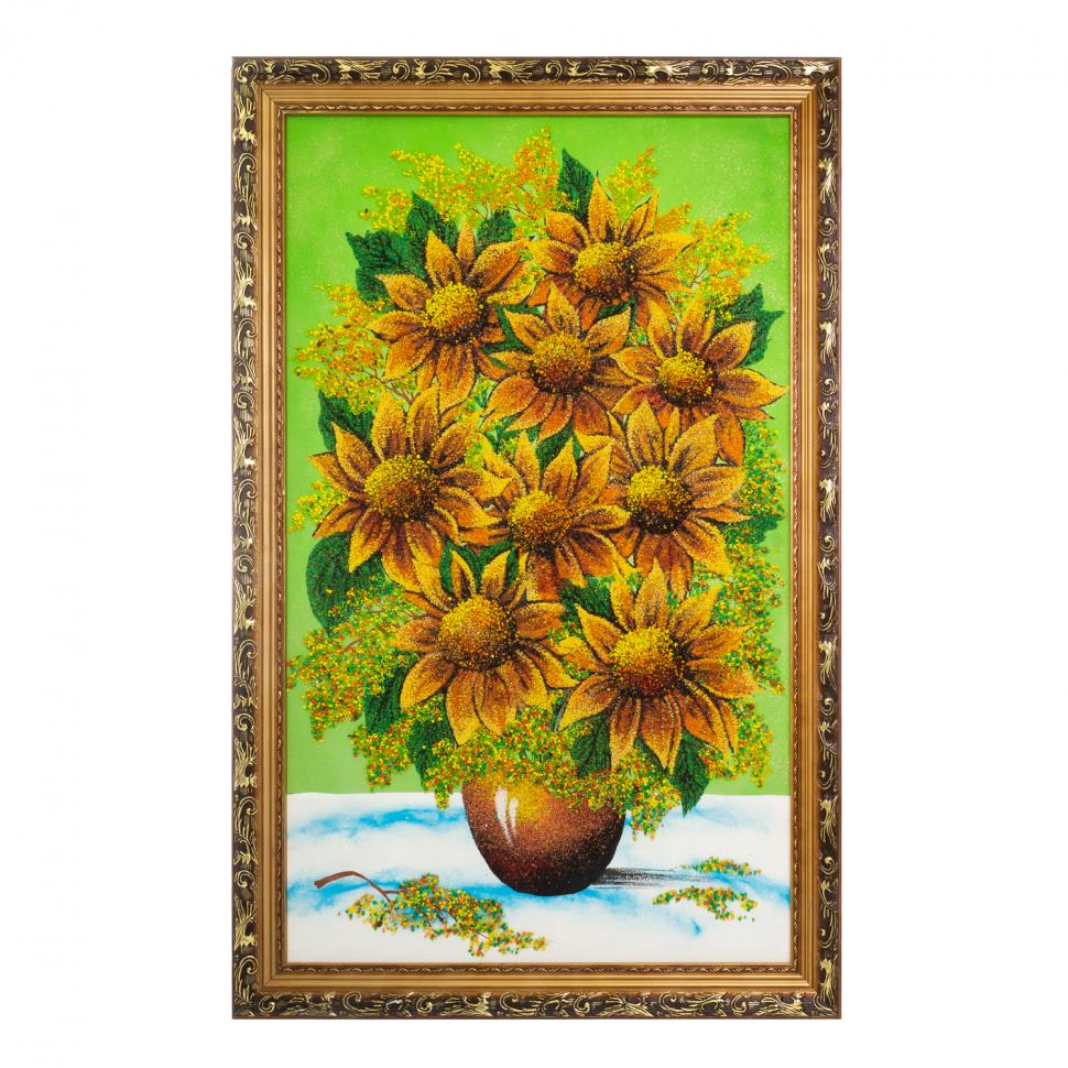 Картина с рисунком из камня "Подсолнухи в вазе" багет 59х89 см зеленый фон фото 1 — 