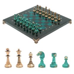 Шахматы &quot;Стаунтон&quot; фигуры бронза / патина 28х28 см из змеевика — 