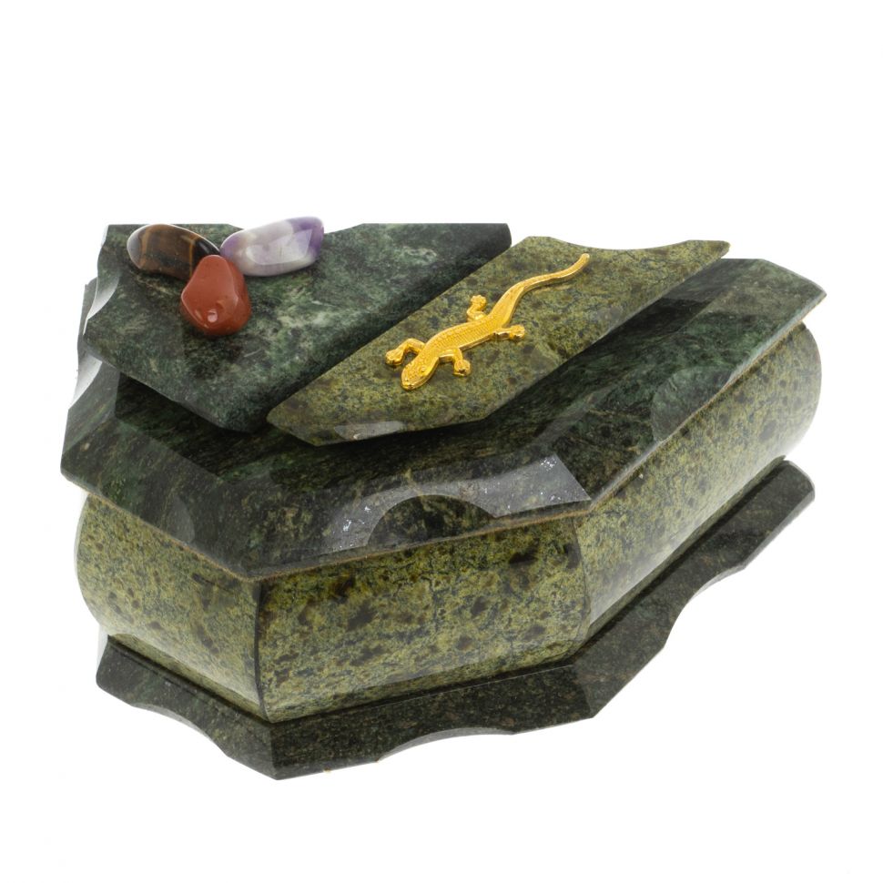 Шкатулка из змеевика с ящерицей 14х9х7,5 см фото 1 — 