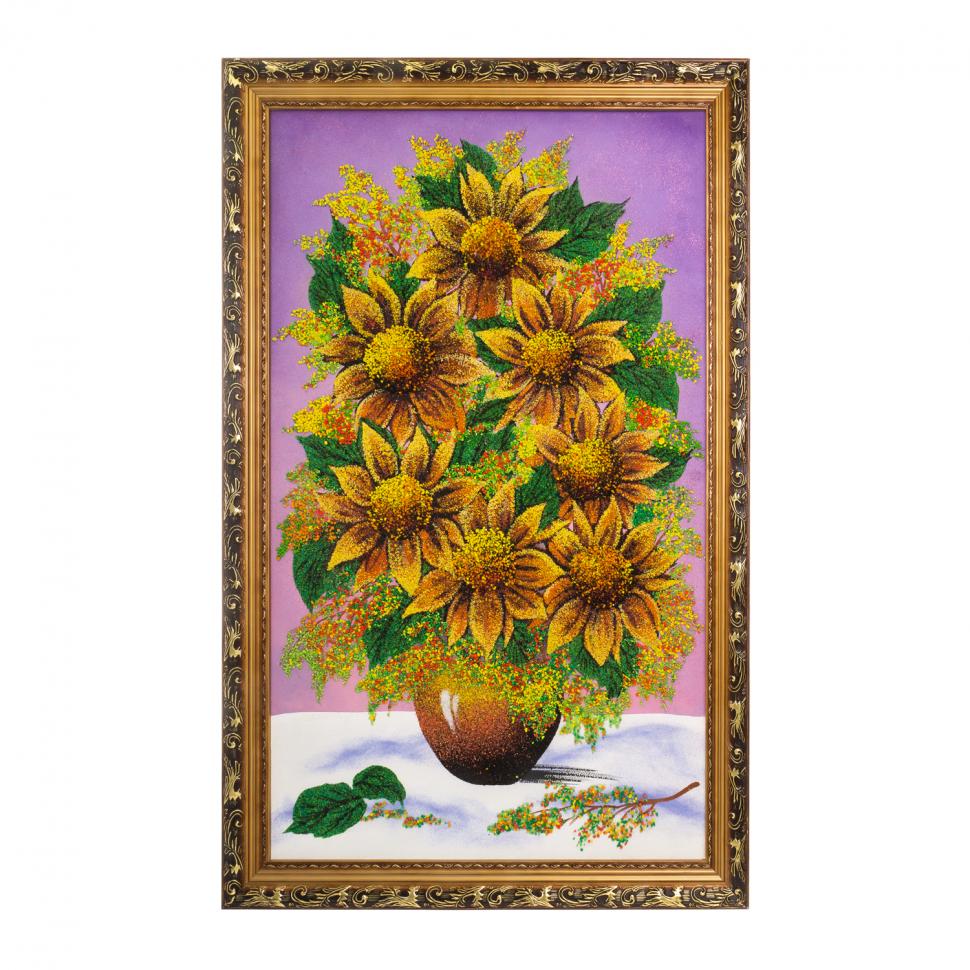 Картина с рисунком из камня "Подсолнухи в вазе" бает 59х89 см сиреневый фон фото 1 — 