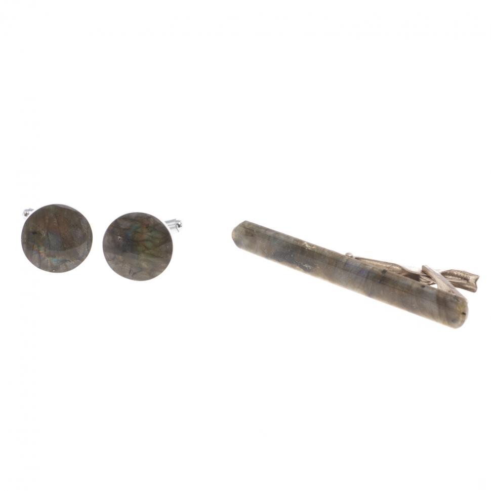 Набор зажим для галстука и запонки круглые камень лабрадор фото 1 — 