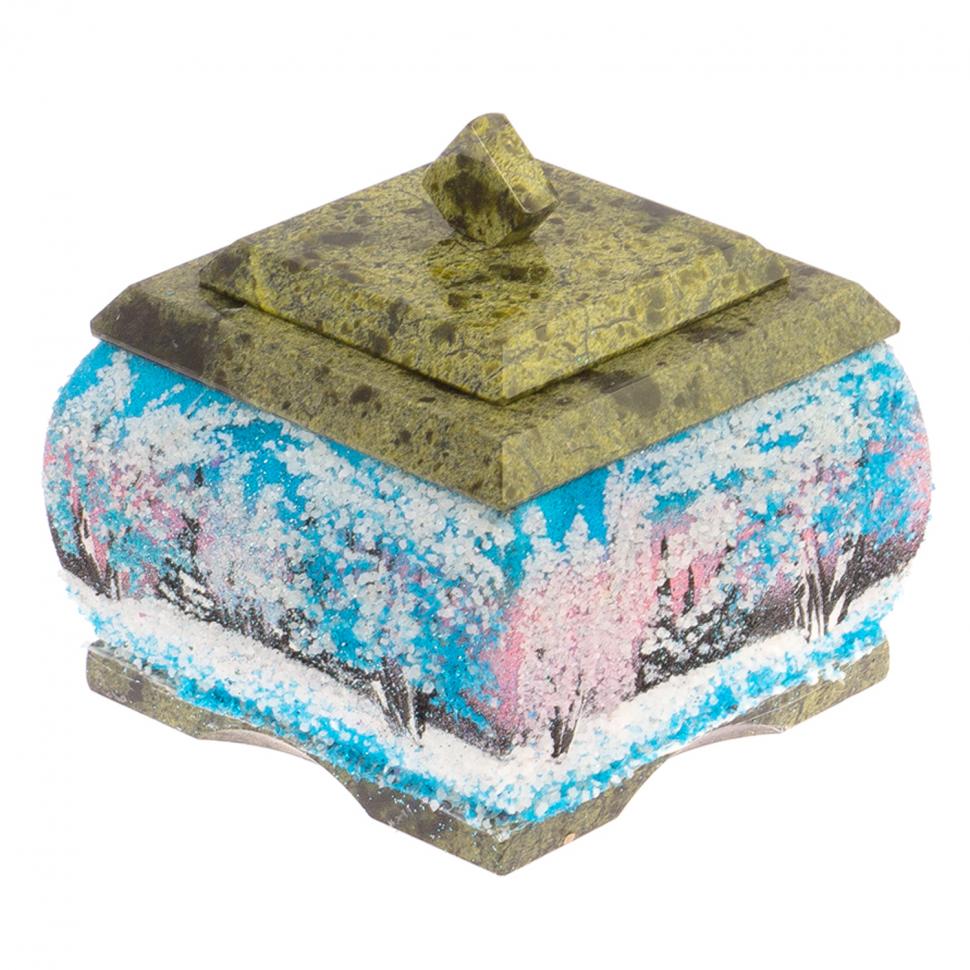 Шкатулка змеевик рисунок Зима 10х10х9 см фото 1 — 