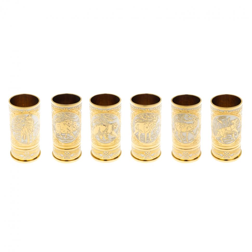 Набор стопок гильз "Лесные звери" 6 шт в кожаном патронташе Златоуст фото 1 — 