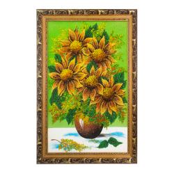 Картина &quot;Букет подсолнухов&quot; багет 46х66 см каменная крошка зеленый фон — 