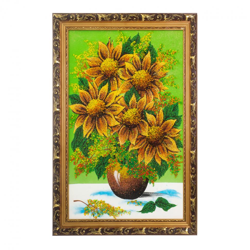 Картина "Букет подсолнухов" багет 46х66 см каменная крошка зеленый фон фото 1 — 